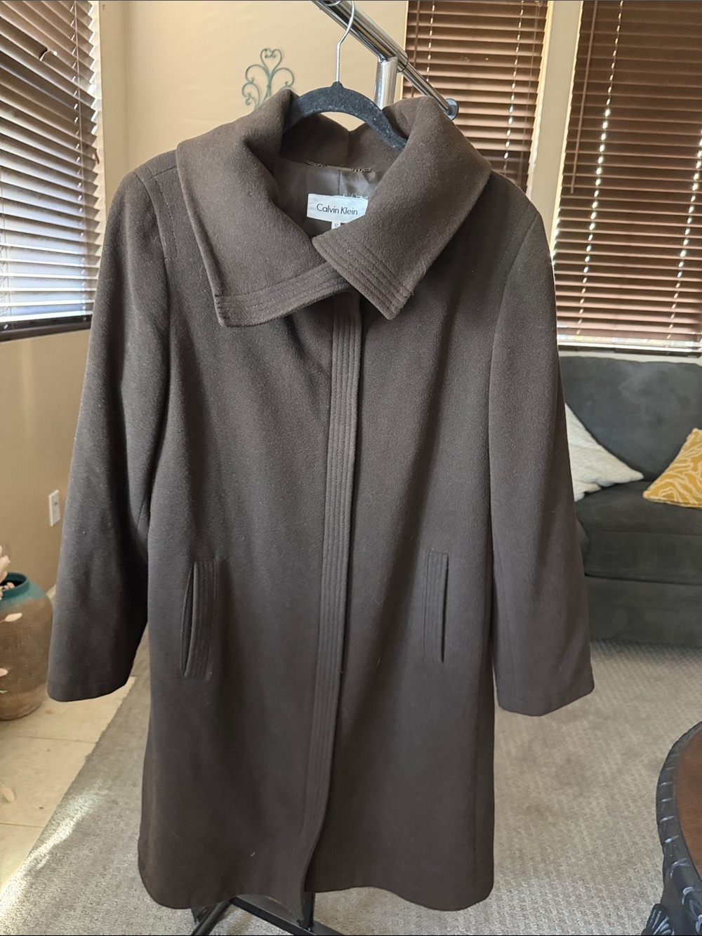 Calvin Klein Brown Wool Cashmere Long Coat with Oversized Collar